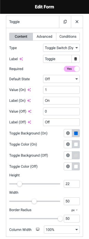Toggle Switch field by DynamicKit for Elementor